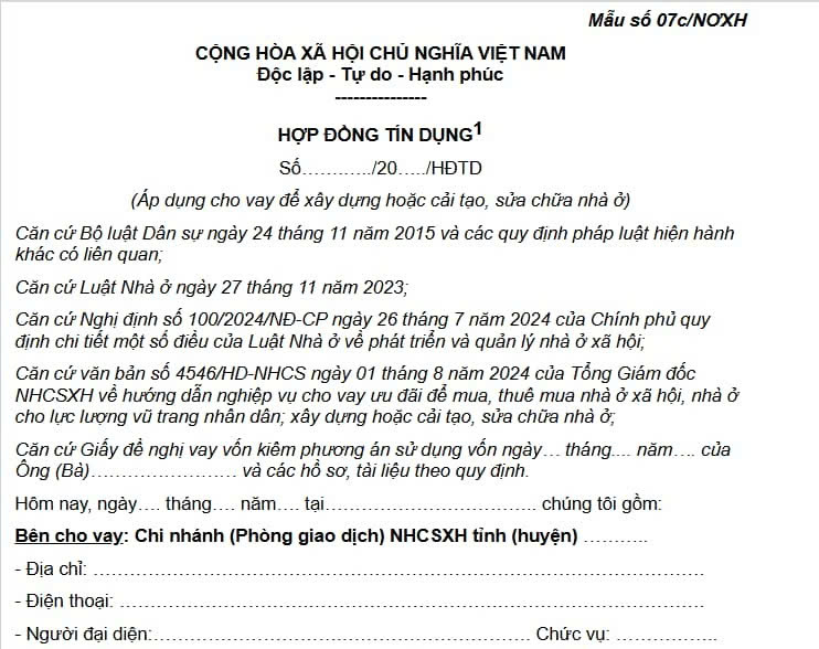 Mẫu hợp đồng tín dụng mới nhất áp dụng cho vay vốn để xây dựng nhà ở Bình Dương