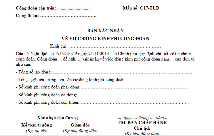 Tải mẫu bản xác nhận về việc đóng kinh phí công đoàn mới nhất ở đâu?