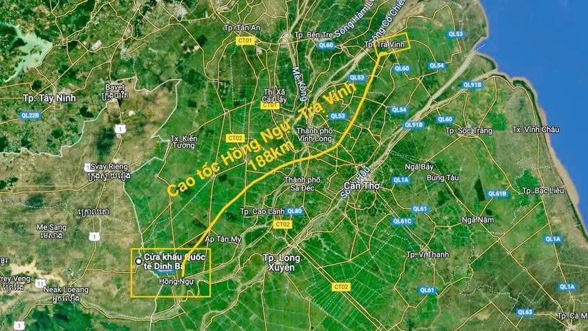 Bản đồ hướng tuyến cao tốc Dinh Bà Cao Lãnh thuộc tuyến cao tốc Hồng Ngự Trà Vinh
