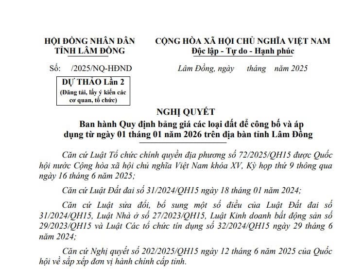 Dự thảo Bảng giá đất Lâm Đồng áp dụng từ 01/01/2026
