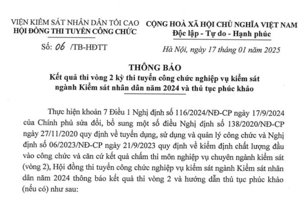 Thông báo điểm thi vòng 2 kỳ thi tuyển công chức nghiệp vụ kiểm sát 2024