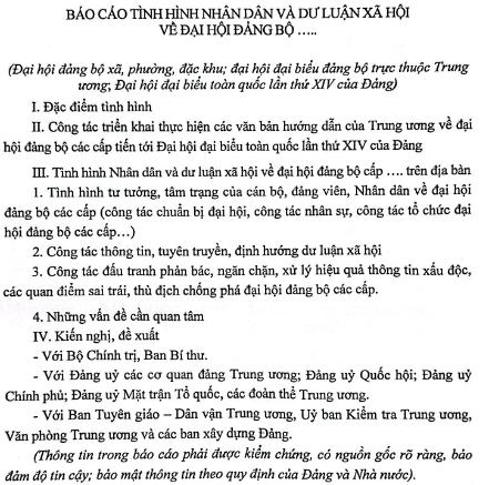 Báo cáo tổng hợp tình hình Nhân dân và dư luận xã hội về đại hội đảng bộ các cấp được trình bày theo bố cục như sau: