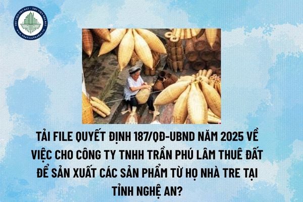 Tải file Quyết định 187/QĐ-UBND năm 2025 về việc cho Công ty TNHH Trần Phú Lâm thuê đất để Sản xuất các sản phẩm từ họ nhà tre tại tỉnh Nghệ An? (Hình từ Internet)