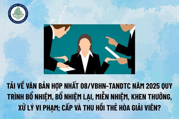 Tải về Văn bản hợp nhất 08/VBHN-TANDTC năm 2025 quy trình bổ nhiệm, bổ nhiệm lại, miễn nhiệm, khen thưởng, xử lý vi phạm; cấp và thu hồi thẻ Hòa giải viên? (Hình từ Internet)