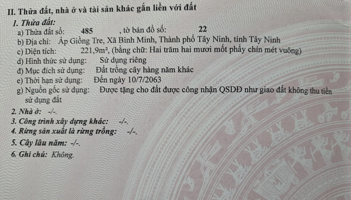 Bán đất cây lâu năm 221m2 hướng Bắc tại xã Bình Minh, thành phố Tây Ninh chỉ 570 triệu