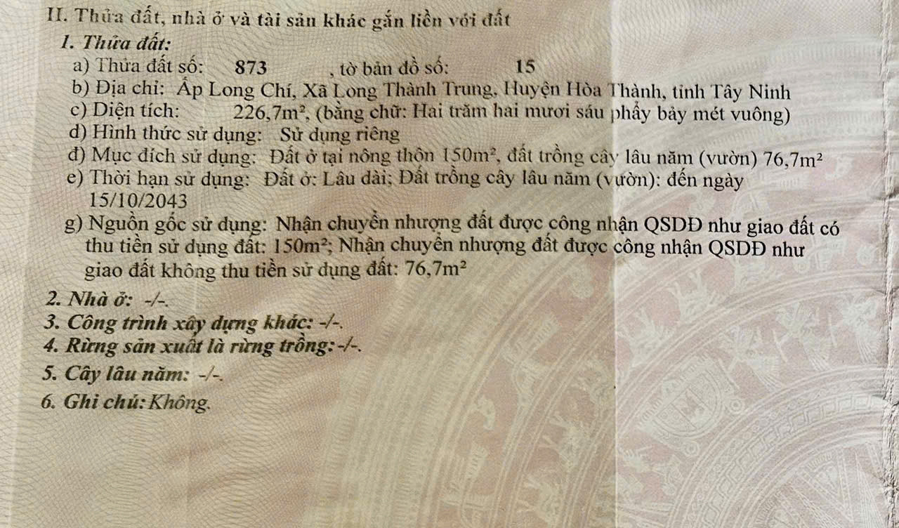 Bán đất thổ cư diện tích 226m2 tại xã Long Thành Trung, Huyện Hòa Thành với giá chỉ 2,33 tỷ VNĐ