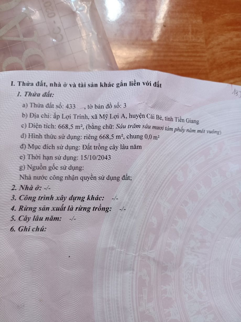 Bán đất có sẵn nhà 668,5m2 tại Ấp Lợi Trinh, Cái Bè, Tiền Giang, sổ hồng đầy đủ
