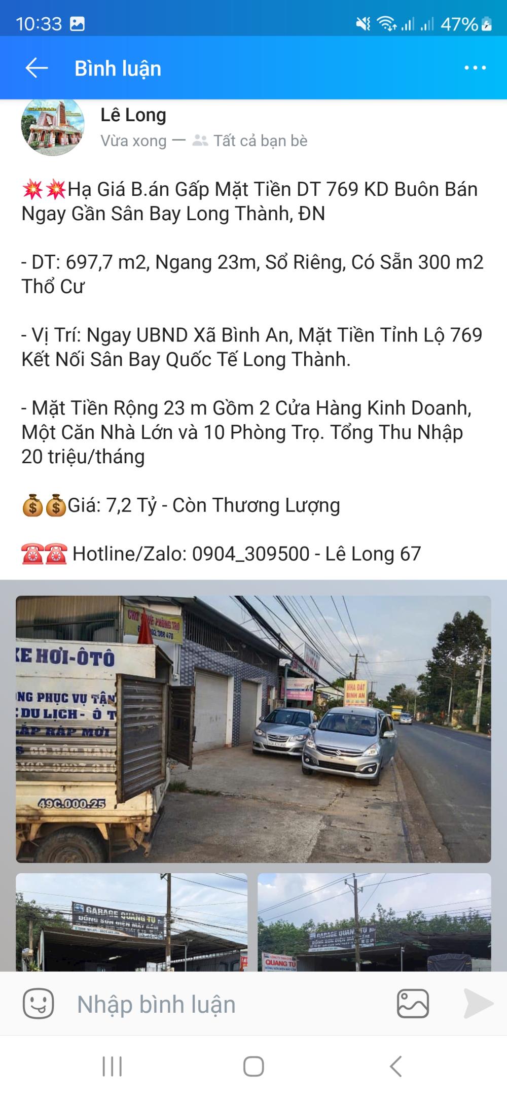 Sang nhượng tổ hợp nhà 10 phòng trọ mặt tiền Tỉnh Lộ 769 xã Bình An gần sân bay Long Thành