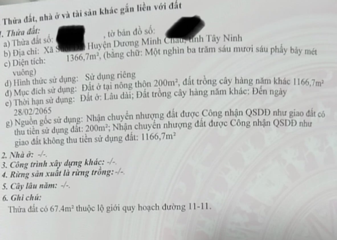 Bán đất 2 mặt tiền xã Suối Đá, Dương Minh Châu, 1366m2, thổ cư 200m2, giá 2.7 tỷ