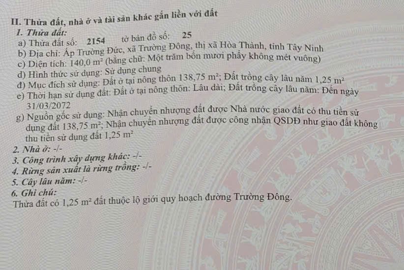 Bán đất mặt tiền đường Trường Đông, xã Trường Đông, diện tích 140m², full thổ cư , giá 850 triệu