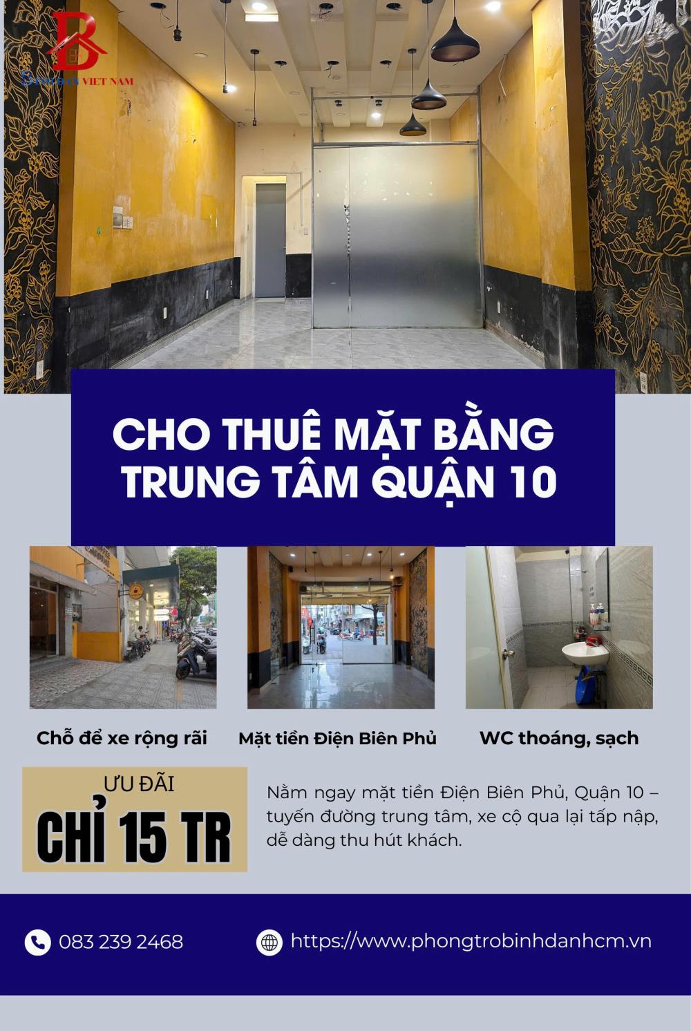 Cho thuê mặt bằng mặt tiền Điện Biên Phủ quận 10, vị trí vàng, lượng khách cực lớn