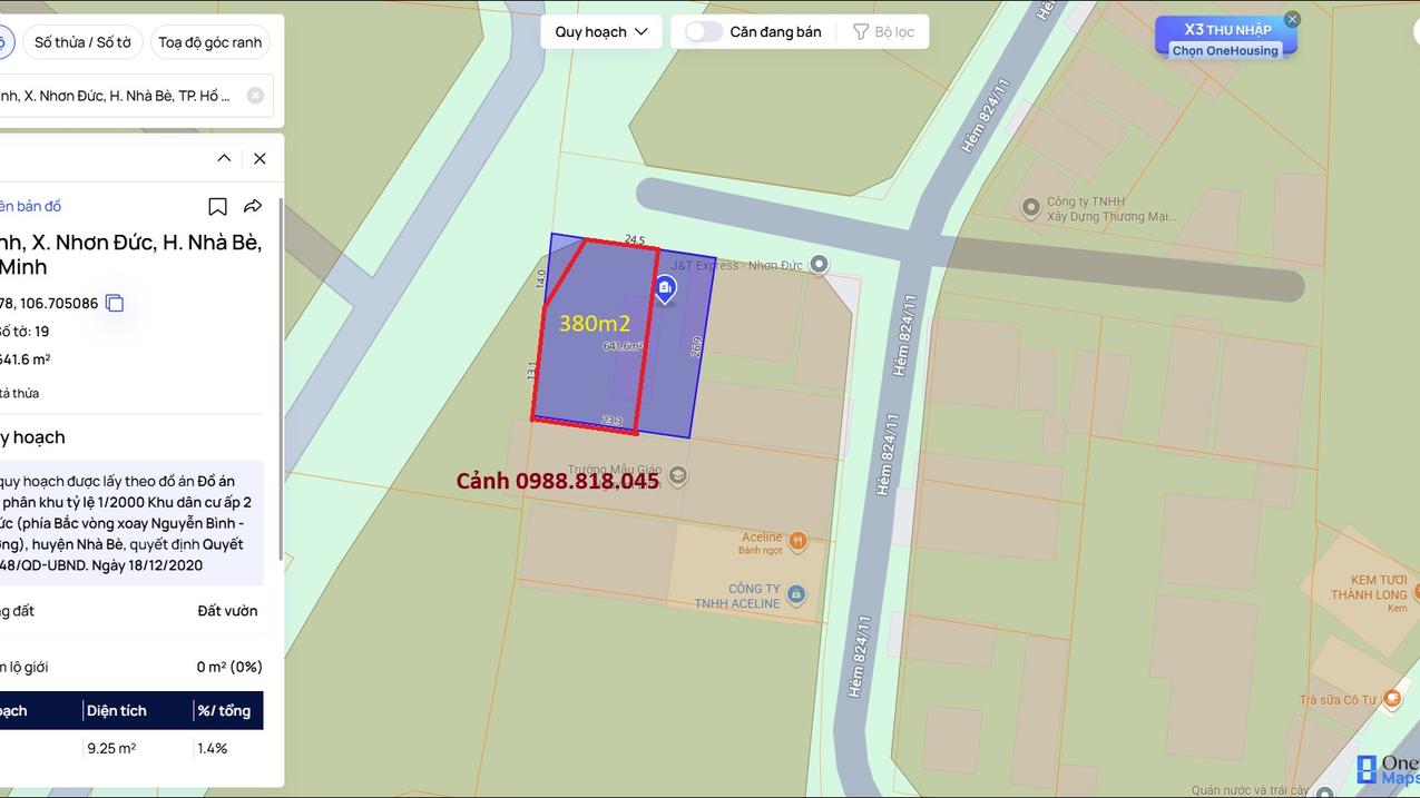 Bán đất đường Nguyễn Bình, xã Nhơn Trạch, Nhà Bè, TP Hồ Chí Minh 380m2, Gía nhỉnh 9 tỷ