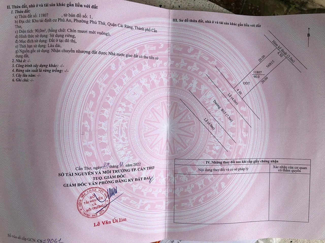 BÁN ĐẤT NỀN ĐƯỜNG B15, KDC PHÚ AN, CẦN THƠ, 90M2 FULL THỔ, SỔ ĐỎ SẴN
